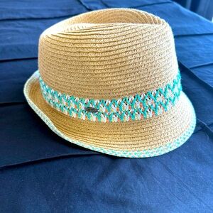 Women’s Straw Tan Woven Fedora Sun Hat w/ Teal Trim | BRAND NEW | Adjustable 👒